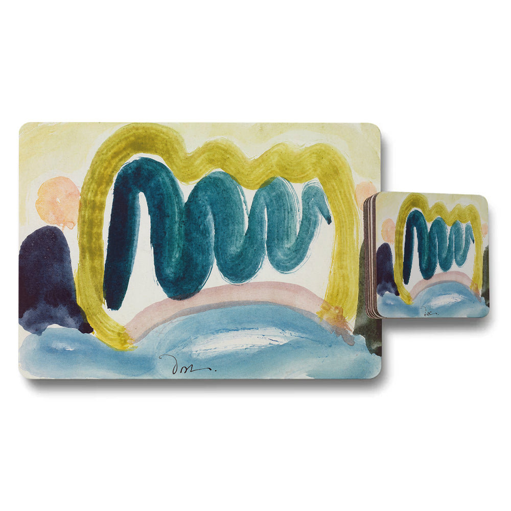 Abstract Art Placemat And Coaster Set With Blue Yellow Swirl Design