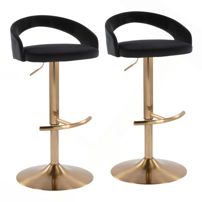 Adjustable Barstool In Metal And Velvet Fabric With Rounded T Footrest - Set Of 2