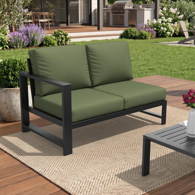 Oltjana Left Arm Outdoor Loveseat With Sunbrella Cushions, Left Hand Facing, Sunbrella Canvas Fern