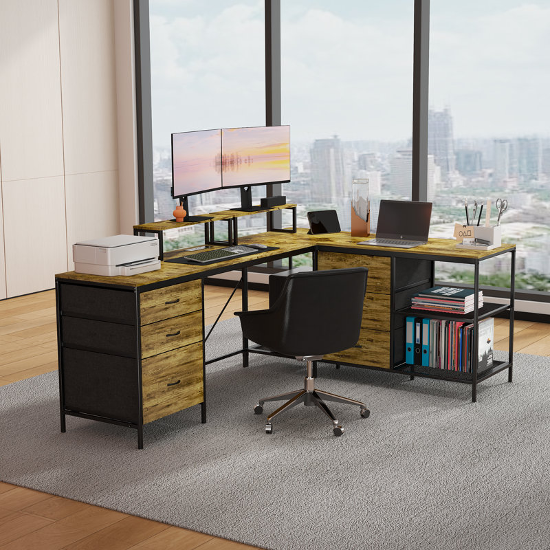 114 Inch L-Shaped Desk With Power Outlets & USB-C, Industrial Computer Desk With 6 Fabric Drawers, 3 Open Shelves & Movable Monitor Stands, Large Corner Office Desk For Gaming, Rustic Brown