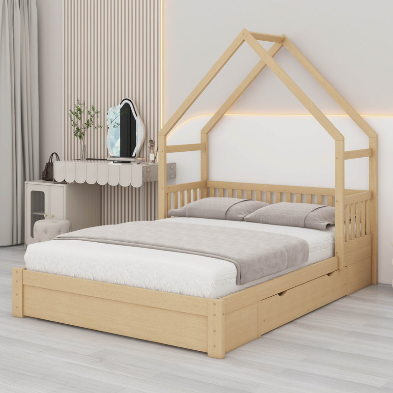 Lit pour grand lit pour enfants, lit plateforme bas avec 2 tiroirs de rangement, cadre de lit en bois avec garde-corps et toit