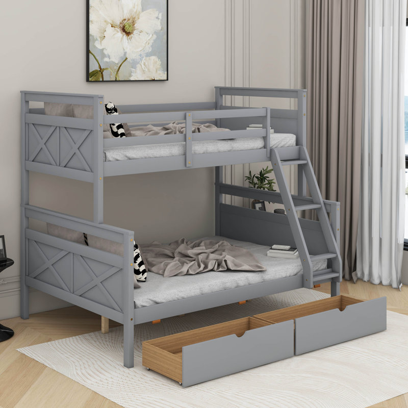Lit simple superposé au dessus d'un lit double avec deux tiroirs de rangement, Gris