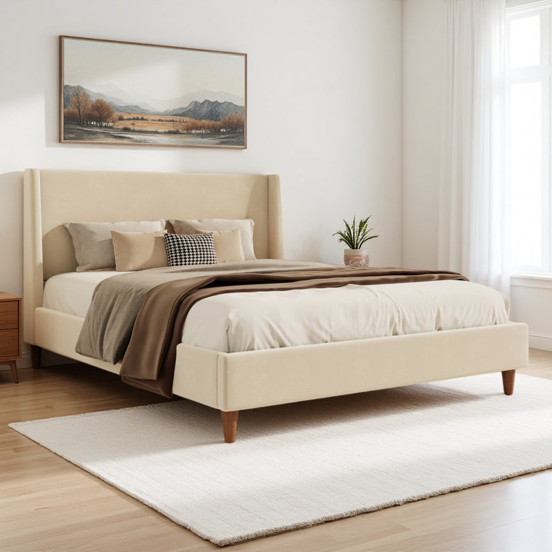 Wingback Upholstered Bed with Walnut Legs, Queen, Beige Velvet