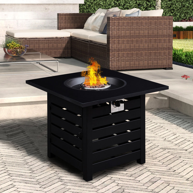 50,000 Auto - Ignition Fire Pit Table, 32 Inch Square, Propane Gas, , Textured Tabletop, Good For Outdoor Socializing Square Table With Waterproof Cover, Metal And Tile , Great Backyard Entertaining