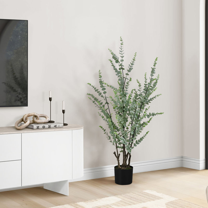 Eucalyptus artificiel de 112 cm (44 po), plante d'intérieur décorative en pot noir avec feuilles vertes au toucher réaliste