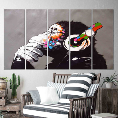 Impression sur toile: Graffiti Chimp avec écouteurs - Singe Banksy, toile tendue 5P