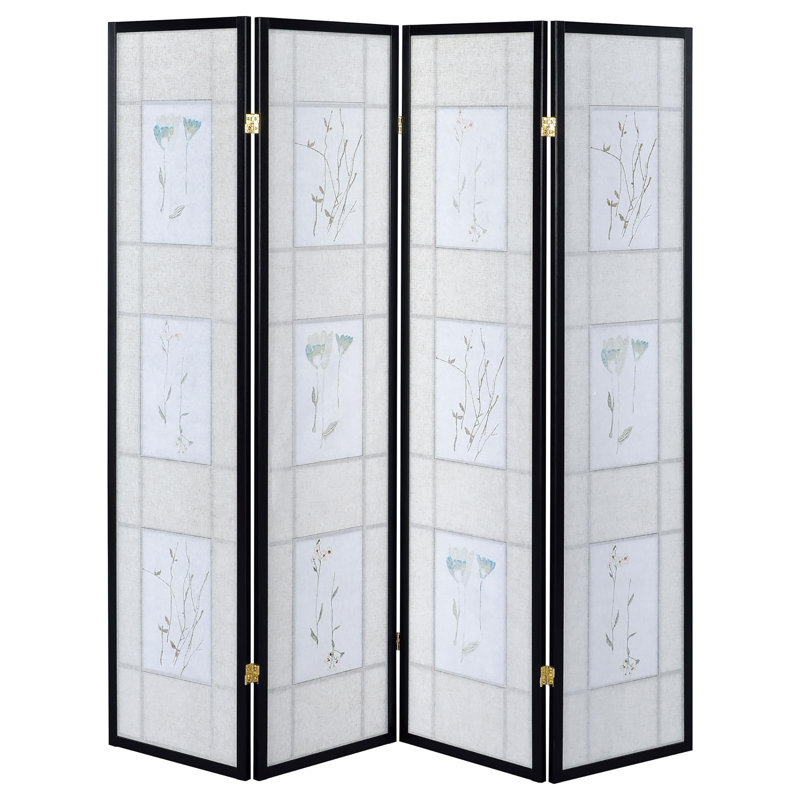 Beige and Black Floral Print 4-Panel Folding Screen
