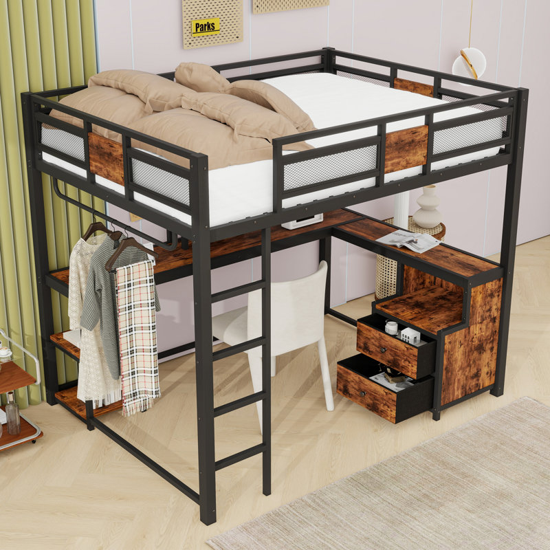 Harriet Bee 2 Drawers Metal Loft Bed with Desk | Wayfair