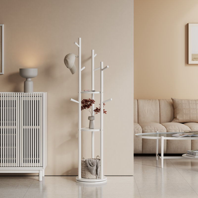 Portemanteau rotatif en bois massif Aaryahi avec 3 tablettes de rangement et 9 crochets, Blanc