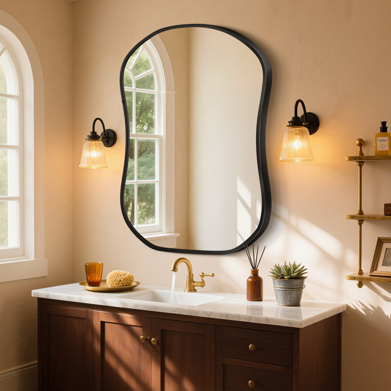 Vintage French-Inspired Aluminum Organic-Shaped Bathroom Mirror Wall Mirror Modern Decorative Vanity Mirror for Living Room, Bedroom & Entryway, HD Shatterproof Glass