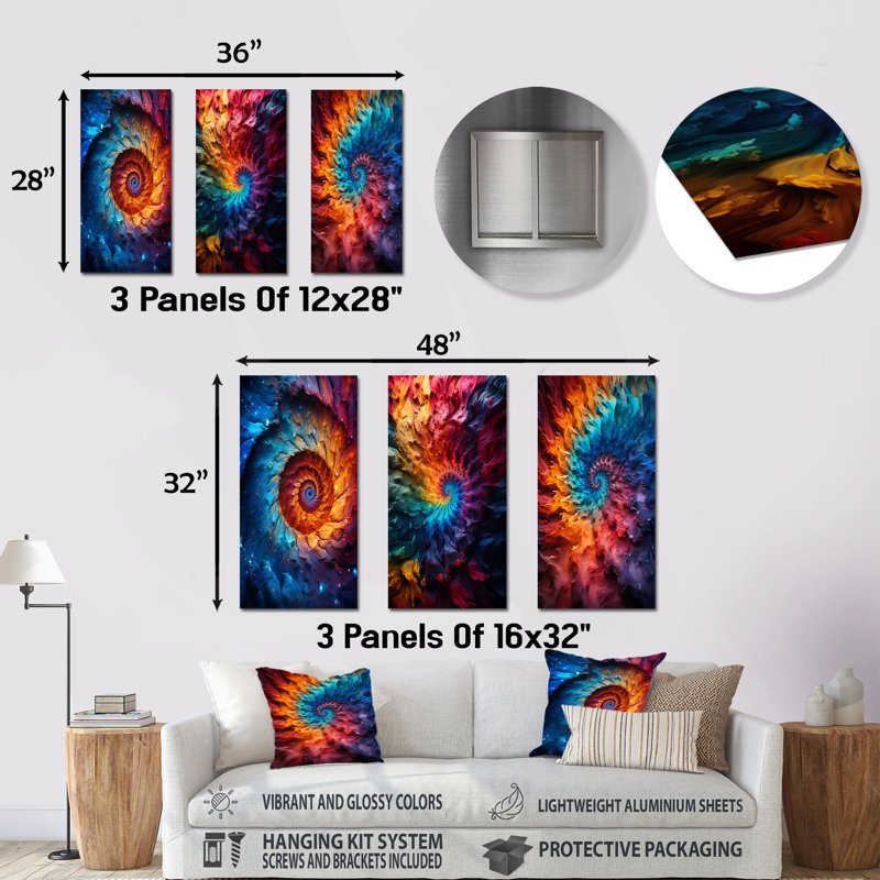 Colorful Space Fractal Vortex I - Abstract Spirals Metal Wall Art Set Of 3, 32" H x 48" W