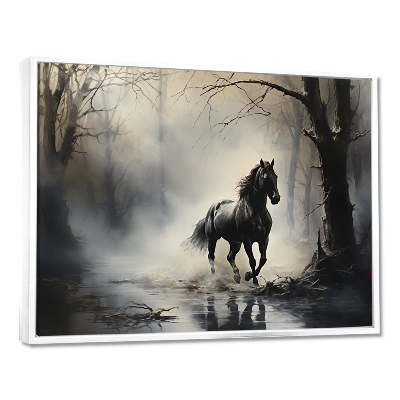 «Gray Horse Misty Morning Canter I», art mural encadré, H 16 po x l 32 po x P 1 po, Cadre flottant blanc