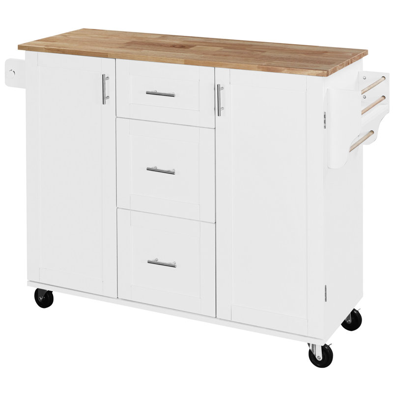 Classic Kitchen Island With Internal Storage - 3 Drawer, 2 Slide-Out Shelf, Rack, White, Rubber Wood, , 17"D X 50"W For Organization Spice Rack Drawers, Shelves, Wood Top, Robust Storage, 37.6"H