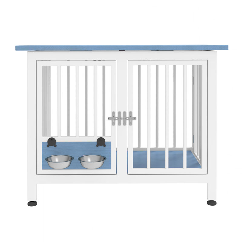  Caisse en métal pliable pour chien avec bols, Bleu, Grand (H 29,10 po x l 39,30 po x P 23,60 po)