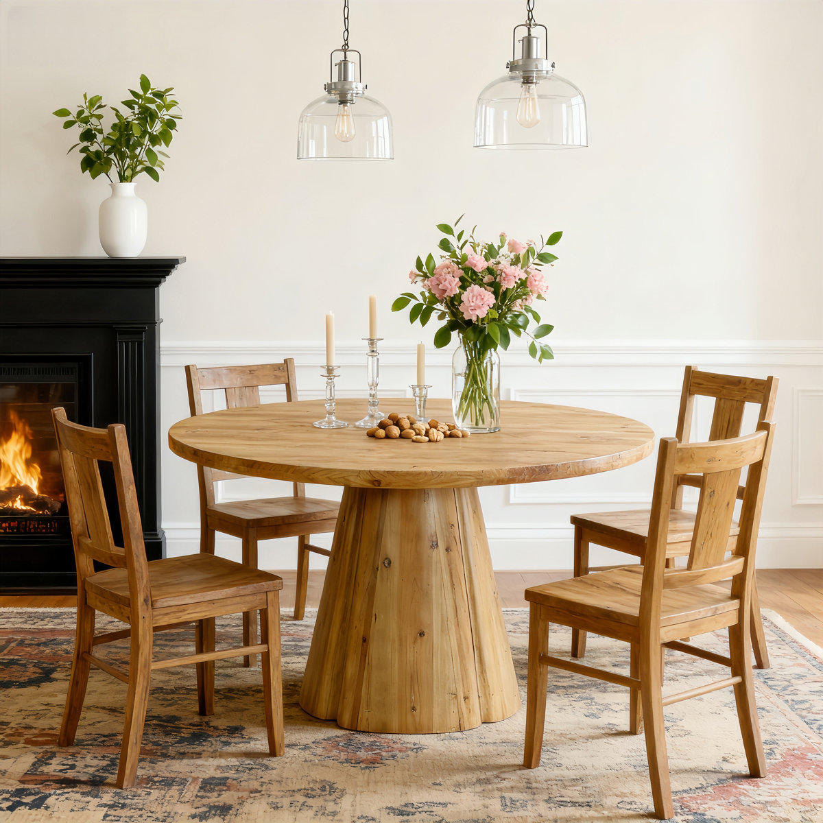 47.24" Round Solid Wood Dining Table With Trumpet-Shaped Base For Kitchen, Dining Room