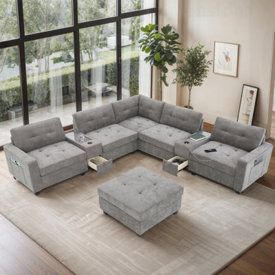 L-shaped Tufted Sectional Sofa with Movable Ottoman, Storage Consoles, USB Charger, and Acrylic Table Top for Modern Living Rooms