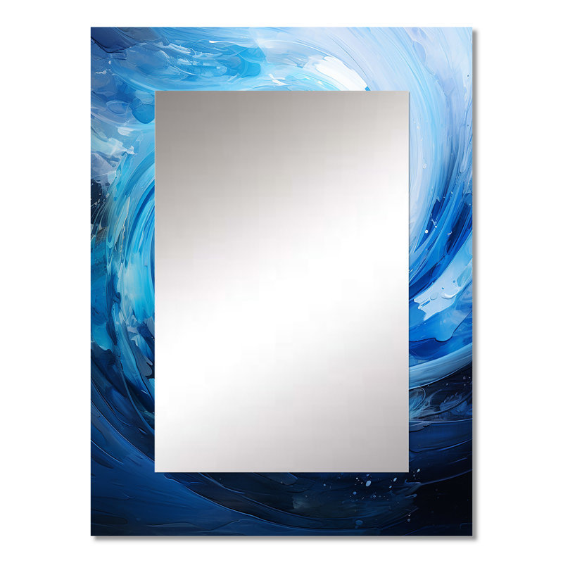 «Blue Swirl Wave Spiral II», grand miroir mural abstrait en spirale abstraite, 32 po x 24 po