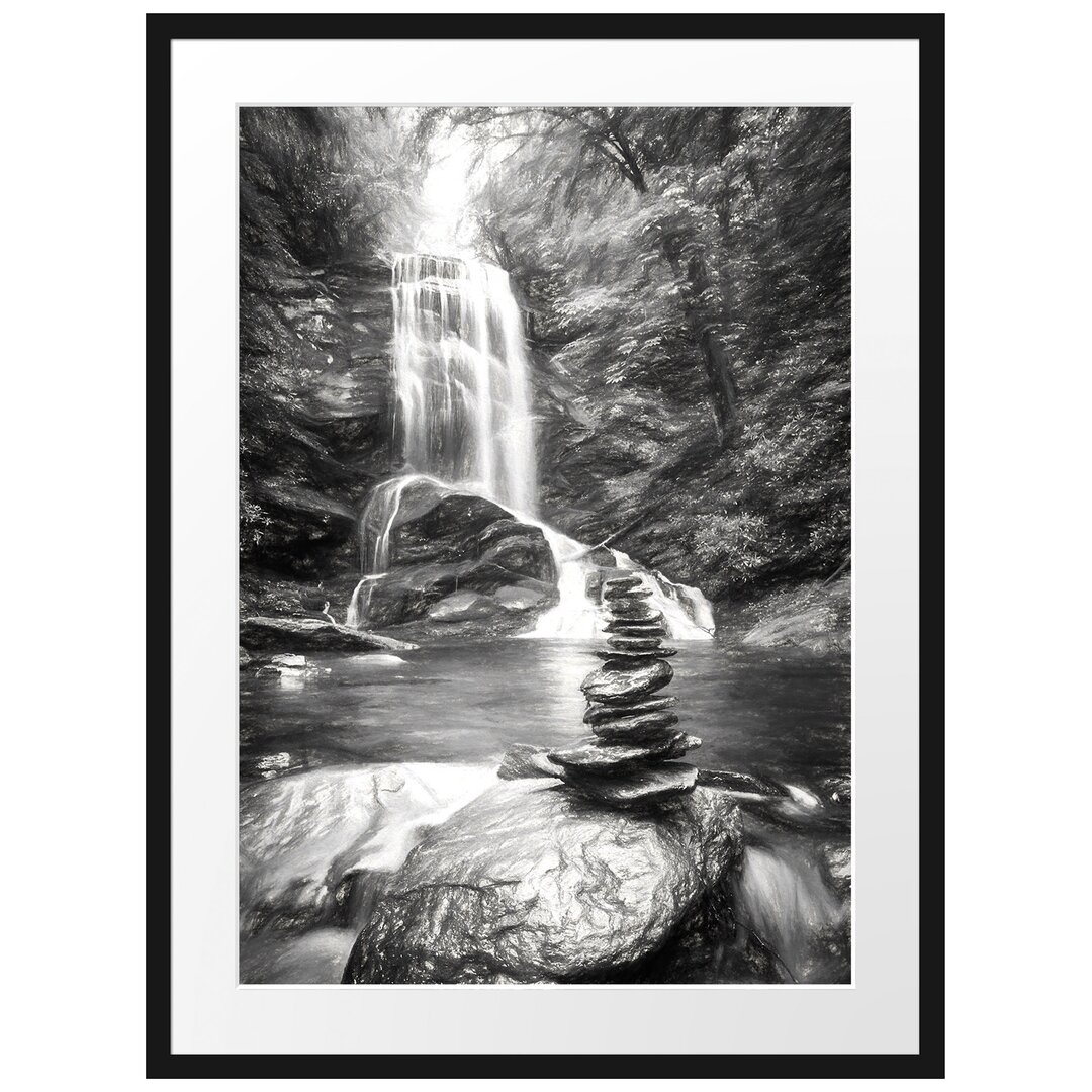 Gerahmtes Papierbild Zen Steine vor Wasserfall