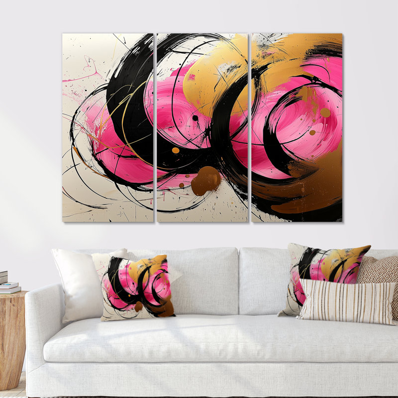 Abstrait cercles dans des tons roses et dorés VII - ensemble de reproductions d'art abstrait, Toile tendue