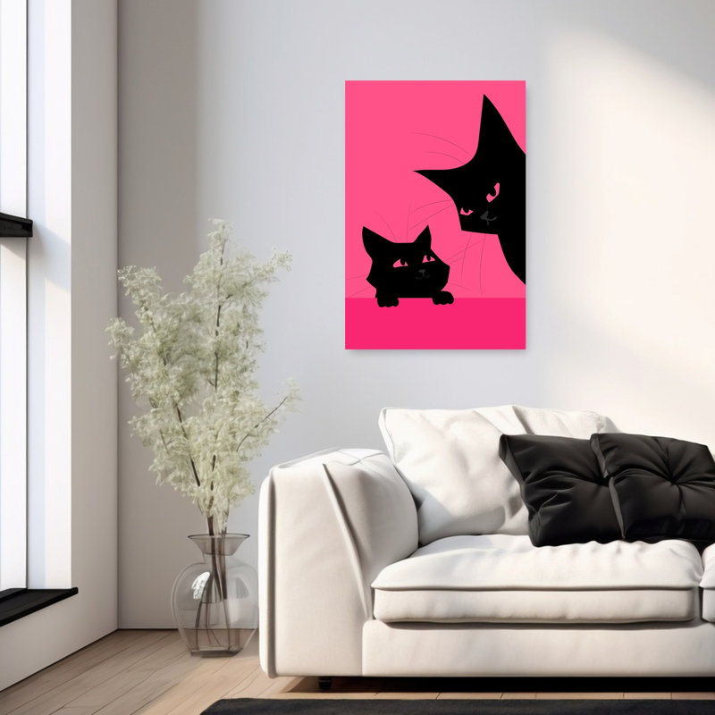 Black Cats Pink Background Contemporary Cat Wall Art Print by WallChart Art Studio - Wrapped Canvas Print