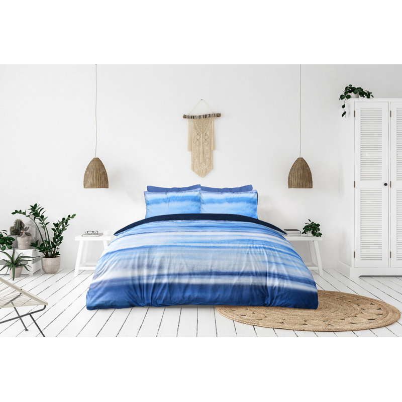 Weathers Polyester Striped Duvet Cover with Pillowcases, Super King Duvet Cover + 2 Standard Pillowcases, Blue