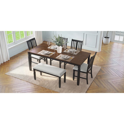 Ensemble de table de salle à manger extensible 6 pièces pour 6 personnes, ensemble de salle à manger de style campagnard moderne avec 4 chaises rembourrées et 1 banc, ensemble de sièges à dossier en lattes en bois d'hévéa à usage familial, espresso + noir, coussin beige
