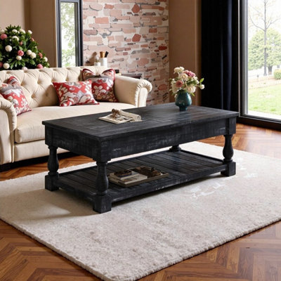 Table basse polyvalente à plateau relevable noir vieilli avec tablettes et plateaux de rangement