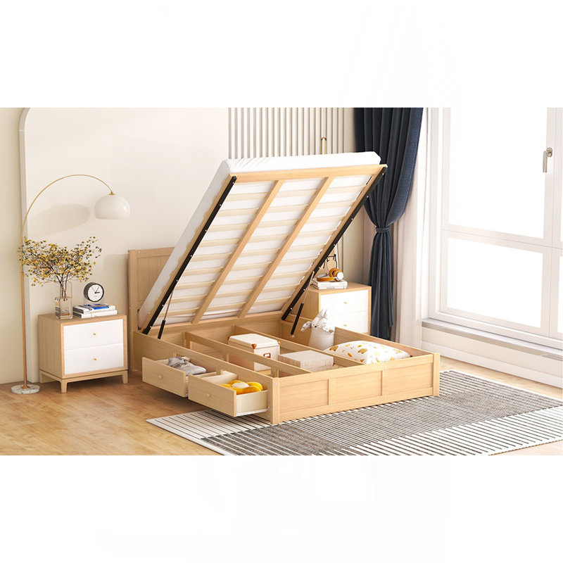 Lit plateforme double en bois avec rangement inférieur et 2 tiroirs, couleur bois