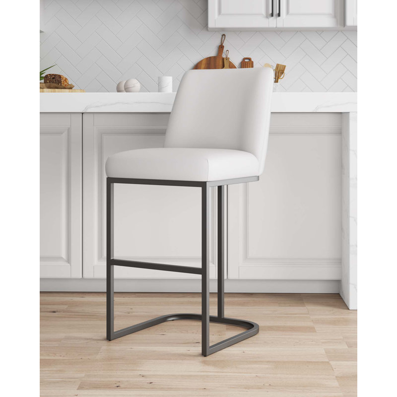 Serena Modern Vegan Leather Upholstered Metal Bar Stool in White, Bar Stool (29.13" Seat Height), White
