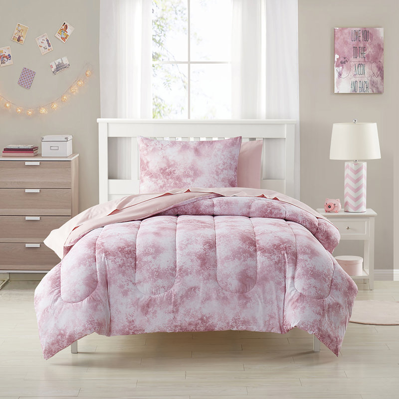 Tie Dye Pink/White Reversable Comforter set, Twin Comforter + 1 Standard Sham