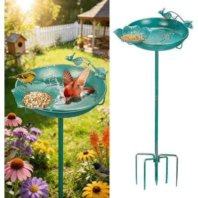 Bird Bath for Outside 12", Metal Freestanding 12" Dia 39" H Lake Blue Gold Gilding Birdbath with Perch & Feeder Bowl, Multi-Functional for Garden Patio Yard Lawn Outdoor Decor