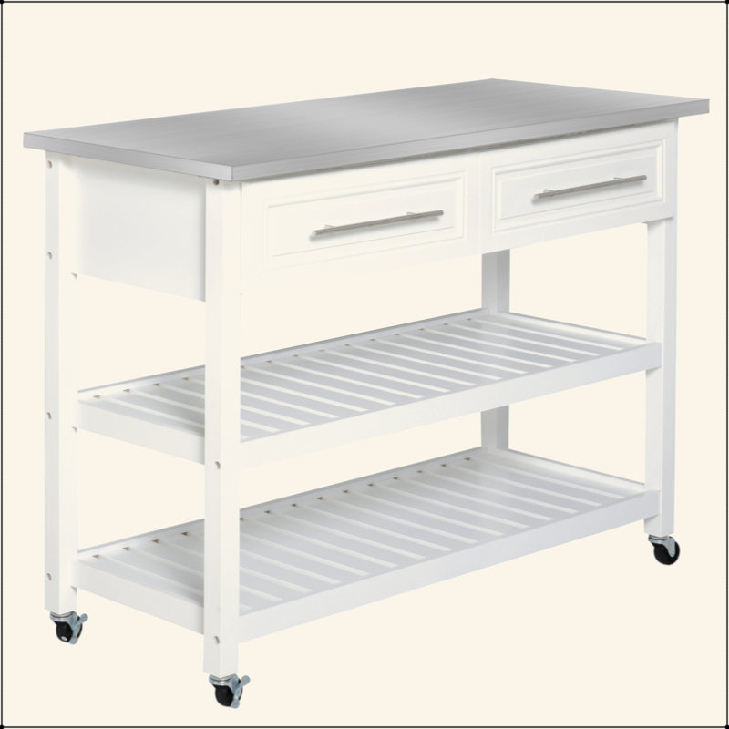 Kitchen Island With Stainless Steel Top, Open Shelves, And Drawers, Gray