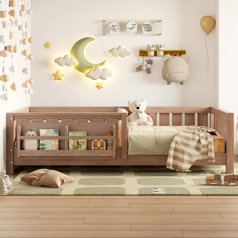 Lit simple avec bibliothèque intégrée, garde-corps de sécurité et plancher à profil bas, naturel, Naturel, Lit simple
