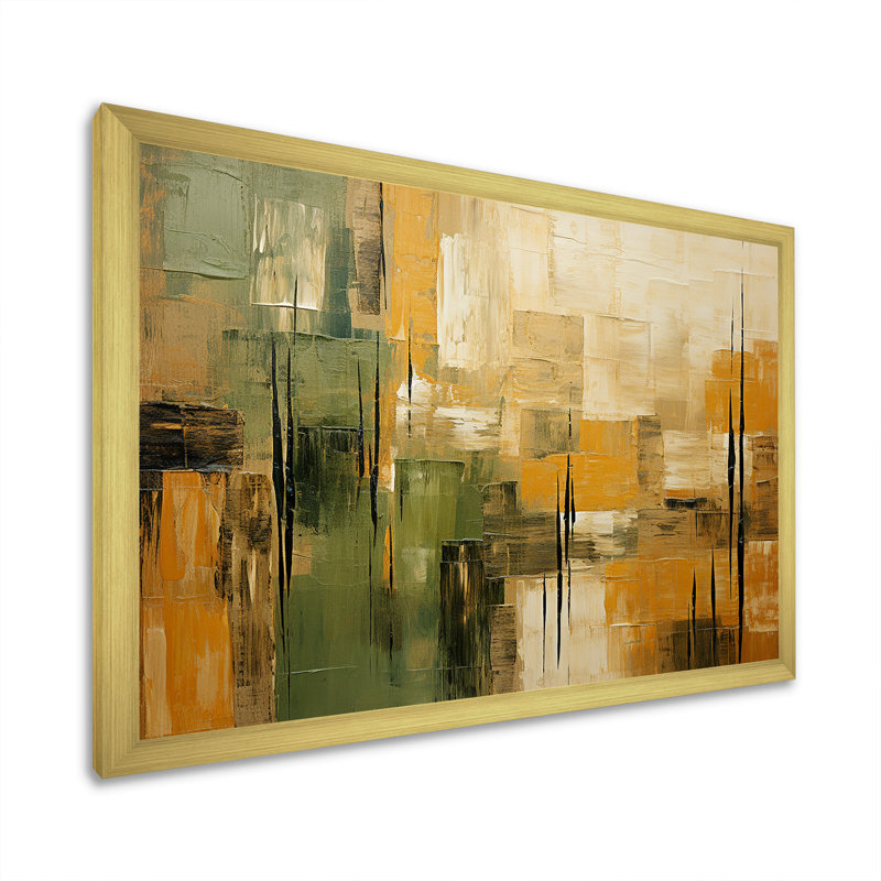"Green beige Wild Essence Collage I - Tachisme", art mural sur toile, H 24 po x l 32 po, Impression encadrée, Doré