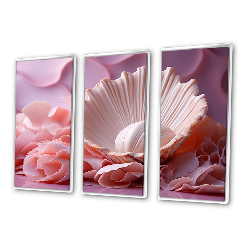 Romantisme, coquillages II - ensemble d'art mural en toile coquillage, Cadre flottant blanc, H 28 po x l 36 po x P 1 po