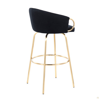 Contemporary 30" Fixed-Height Bar Stool With Gold Metal Legs And Round Gold Metal Footrest With Black Velvet Seat And Gold Accents  - Set Of 2