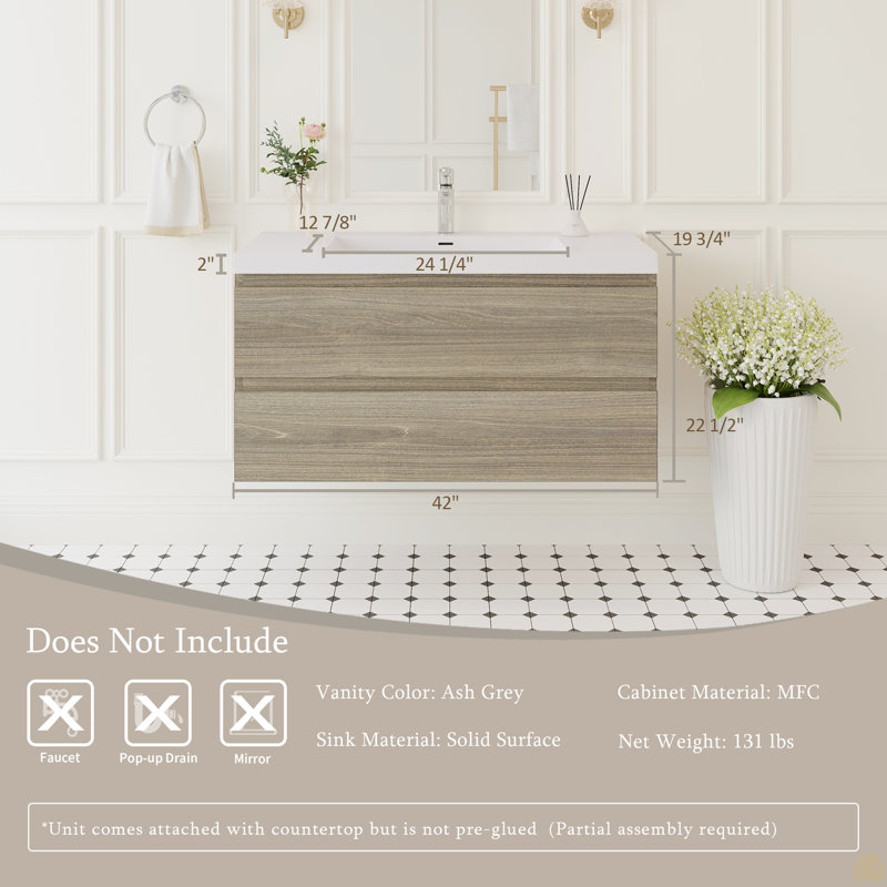 Meuble-lavabo flottant 42 po avec lavabo, meuble-lavabo mural avec lavabo à surface solide et tiroirs à fermeture en douceur 42 po