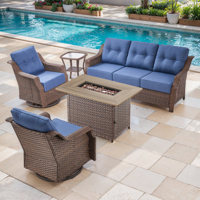 Acton 5 - Pieces Outdoor Wicker Sofa Seating Group With 6" Thick Cushions And Fire Pit