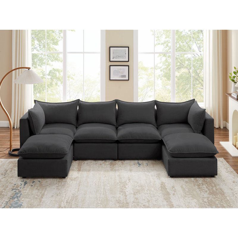 Upholstered U-Shaped Sectional with Ottoman Reversible, Dark Gray Polyester
