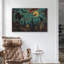 Tableau sur toile vintage représentant un chat noir, un crâne et des chauves-souris dans un cimetière, avec une pleine lune et un style rétro Halloween.-712203678