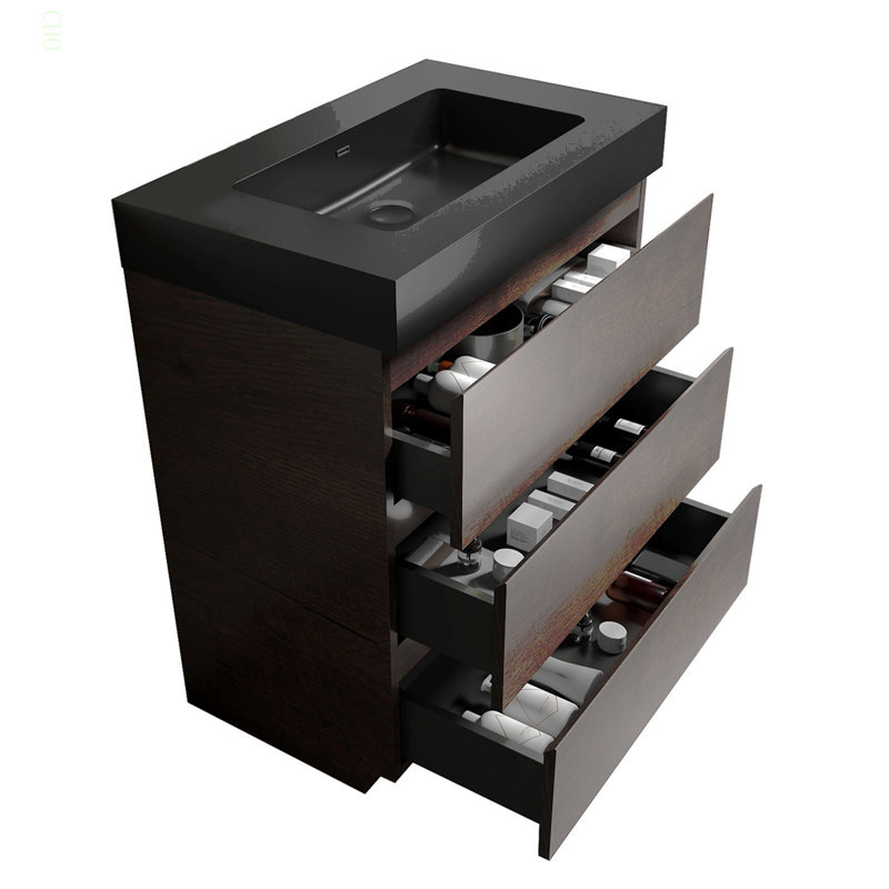 Meuble-lavabo autoportant de 30 po en noyer avec lavabo, grand meuble-lavabo autoportant pour salle de bain moderne, lavabo une pièce noir sans drain ni robinet, pré-assemblé