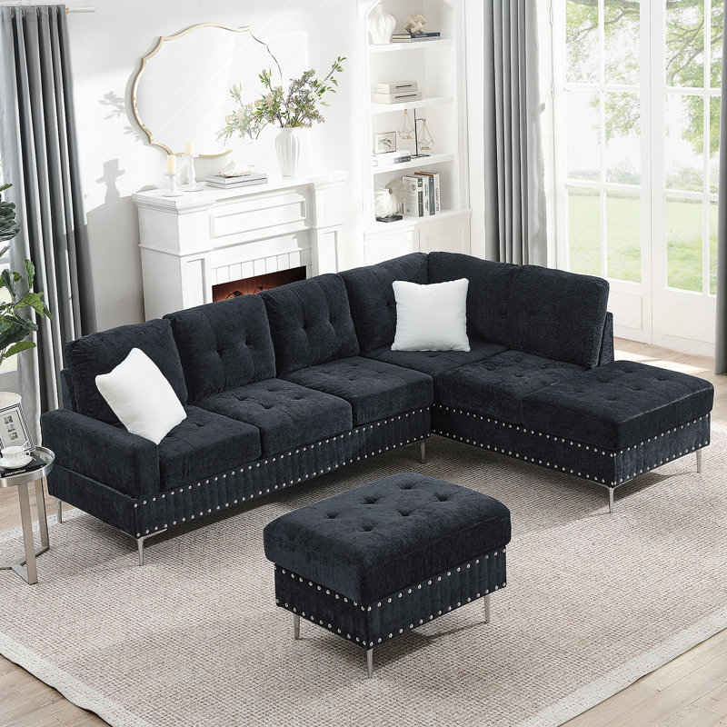 Canapé modulaire avec méridienne réversible, repose-pieds avec rangement, pieds en métal et clous décoratifs, pour un rassemblement familial et une vie confortable