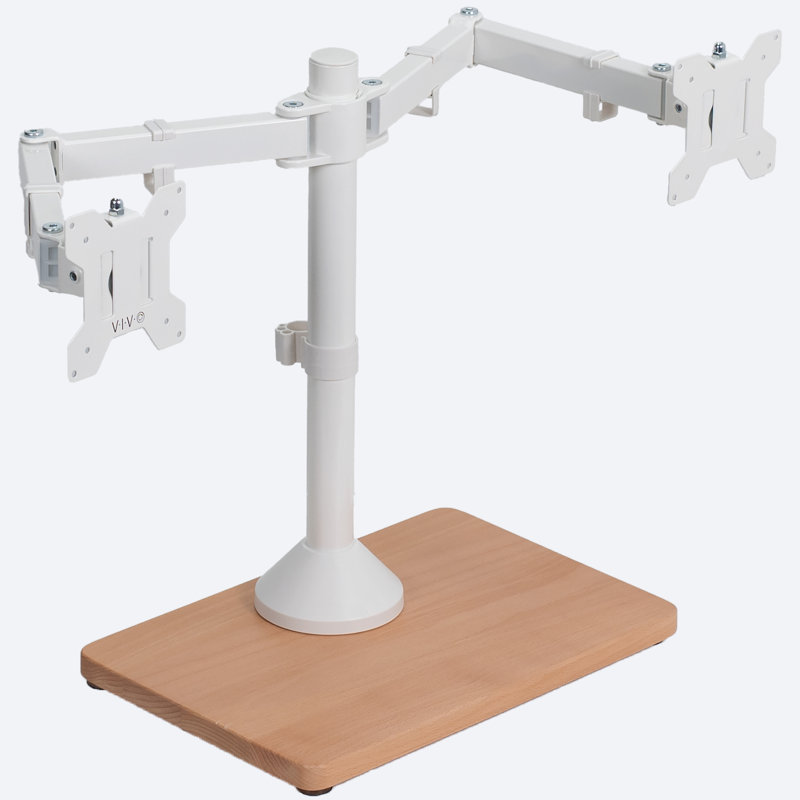 Support réglable Vivo pour deux écrans avec base en bois, Blanc / beige