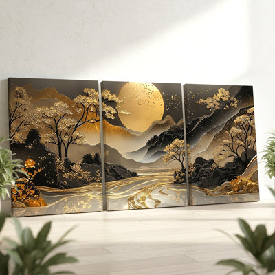 3 Pieces Golden Landscape Large Wall Art with Trees, Three Pieces Wall Art for Living Room, Bedroom, Office, Dining Room, and Home Decor, Framed Look