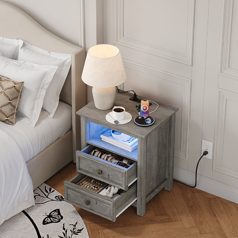 Ensemble de commode 3 pièces - commode 9 tiroirs et deux tables de chevet 2 tiroirs avec station de charge et DEL, gris délavé