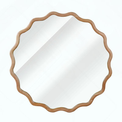 Natural Wood Color Wavy Round Solid Wood Frame Decorative Mirror