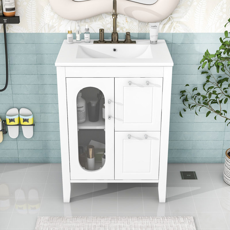 Meuble-lavabo simple autoportant contemporain avec porte en verre Moru et tablette réglable, Blanc