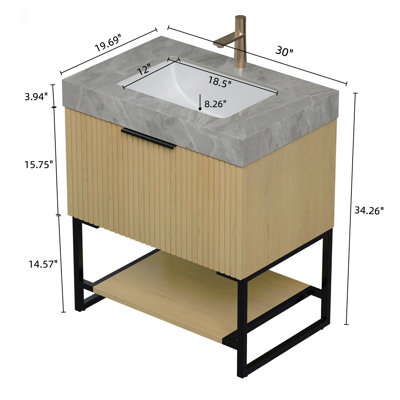 Meuble-lavabo de 30 po avec lavabo, meuble de rangement autoportant en contreplaqué rayé avec tiroir et tablette ouverte, comptoir en pierre frittée et lavabo encastré en céramique, pré-assemblé