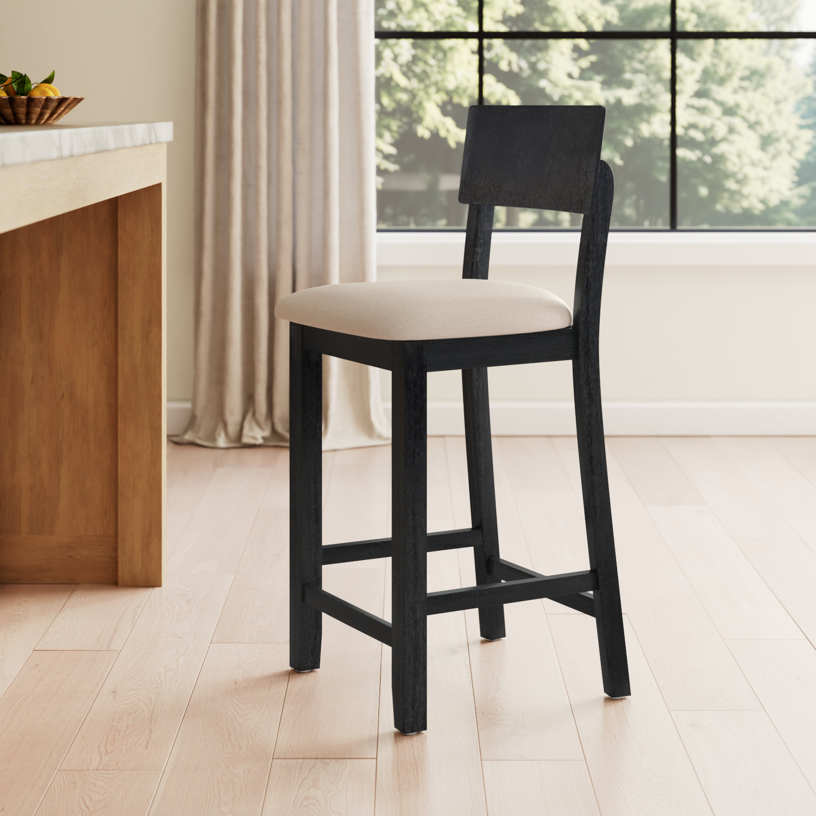 Andelo Bar Stool, Counter Stool (24" Seat Height), Beige Seat/Dark Charcoal Frame