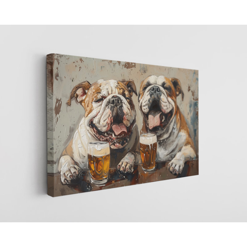 «Deux bouledogue avec bière», impression d'art mural moderne pour la maison et le bureau, H 24 po x l 36 po